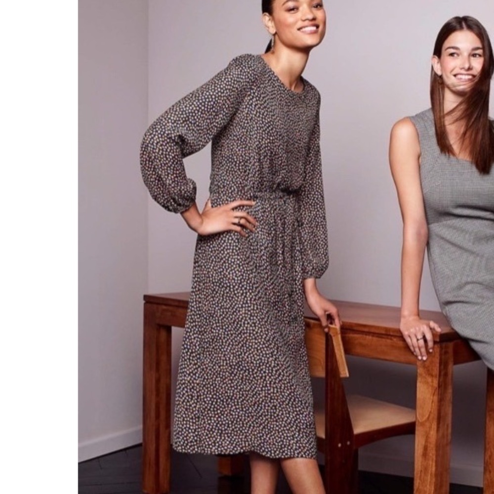 Ann Taylor Women 18 Pink‎ Tan Geo Dots Print Long Sleeve Belted Midi Dress Black